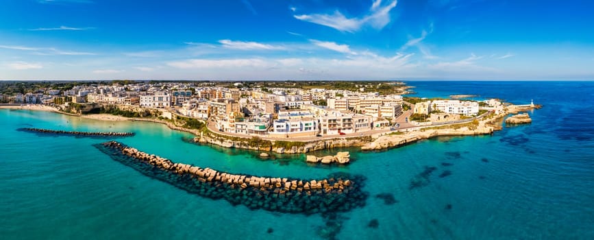 Aerial view of Otranto town on the Salento Peninsula in the south of Italy, Easternmost city in Italy (Apulia) on the coast of the Adriatic Sea. View of Otranto town, Puglia region, Italy.