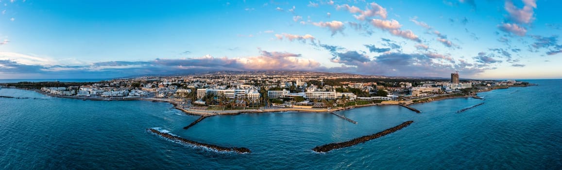 View of the town of Paphos in Cyprus. Paphos is known as the center of ancient history and culture of the island. View of embankment at Paphos Harbour, Cyprus.