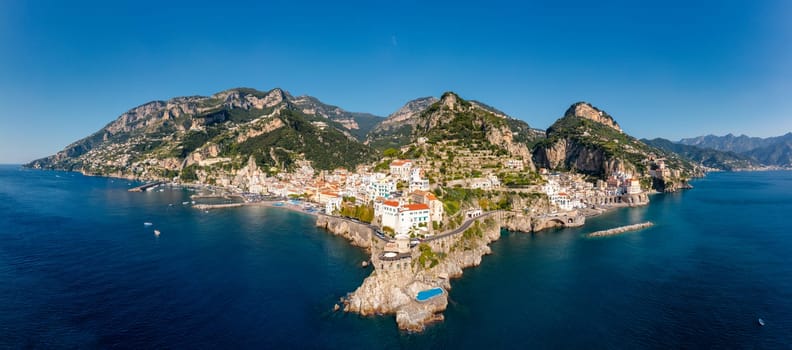 View of beautiful Amalfi town, Campania, Italy. Amalfi coast is most popular travel and holiday destination in Europe. Amalfi cityscape on coast line of mediterranean sea, Amalfi coast, Italy.