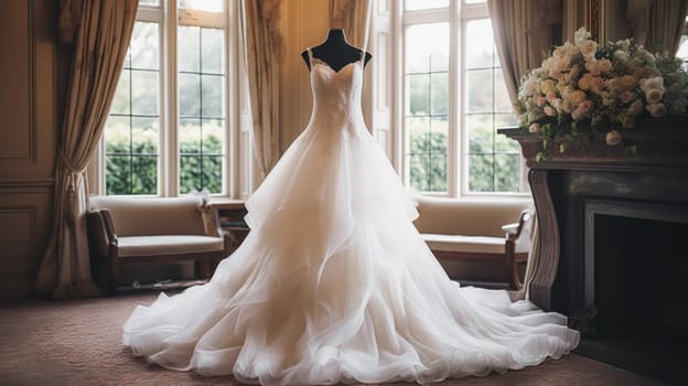 Wedding drees, bridal gown style and bespoke fashion, full-legth white tailored ball gown in showroom, tailor fitting, beauty and wedding inspiration