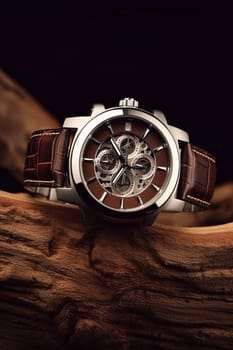Luxury mens watch commercial concept prototype, bespoke design on dark wood background, post-processed, generative ai