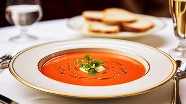 Tomato cream soup in a restaurant, English countryside exquisite cuisine menu, culinary art food and fine dining experience