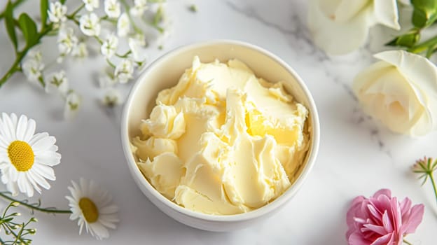 Creamy homemade butter in bowl, traditional food and country life