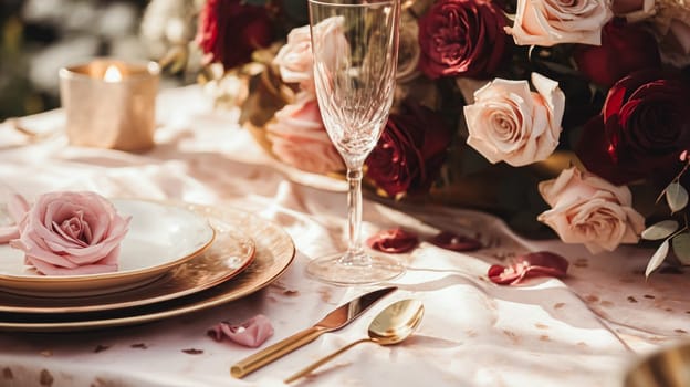 Wedding and event celebration tablescape with flowers, formal dinner table setting with roses and wine, elegant floral table decor for dinner party and holiday decoration, home styling idea