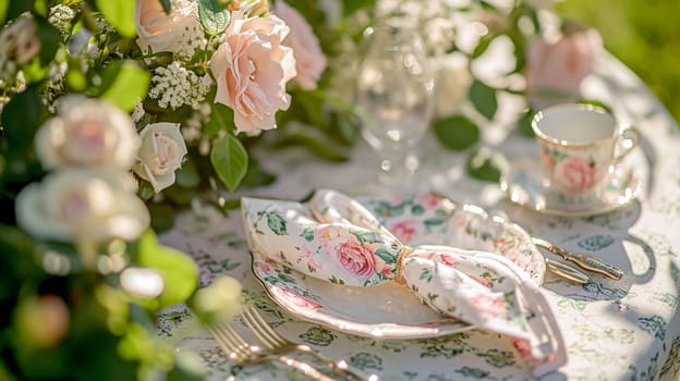 Beautifully set table for a garden party, adorned tablescape with vibrant floral arrangements, under the shade of blossoming rose bushes, inviting a sense of elegance and natural charm