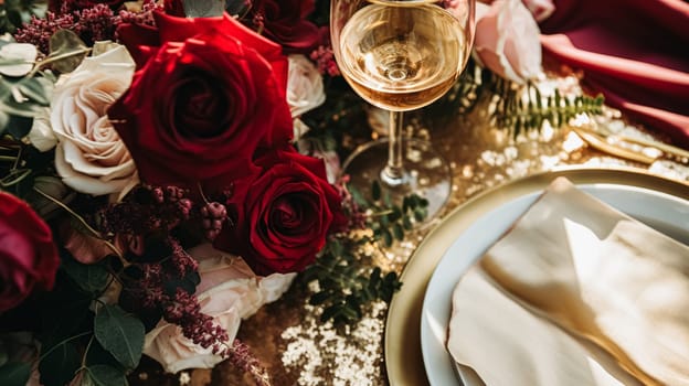 Wedding and event celebration tablescape with flowers, formal dinner table setting with roses and wine, elegant floral table decor for dinner party and holiday decoration, home styling idea