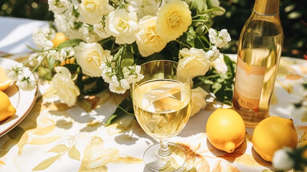 Wedding or formal dinner holiday celebration tablescape with lemons and flowers in the English countryside garden lemon tree, home styling inspiration