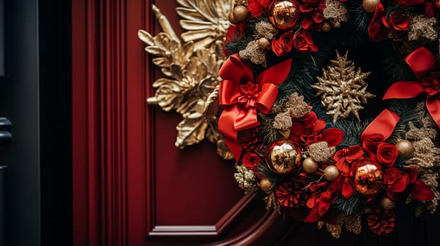 Christmas decoration details on English styled luxury high street city store door or shopping window display, holiday sale and shop decor inspiration