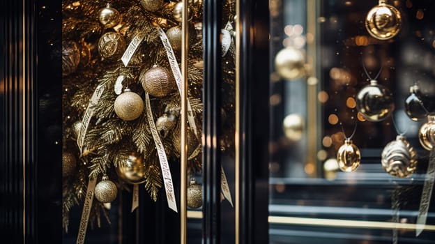 Christmas decoration details on English styled luxury high street city store door or shopping window display, holiday sale and shop decor inspiration