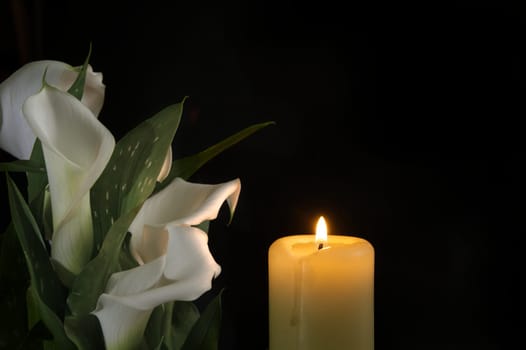 Close-up view of a single burning wax candle next to white calla lily flower with a green stem and leaves, contemplative and serene atmosphere, suggesting themes of remembrance, reflection and hope