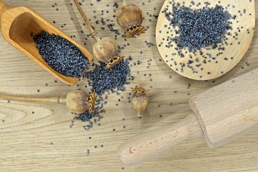 Wooden scoop filled with poppy seeds and several dried poppy seed pods arranged on a light colored wooden table