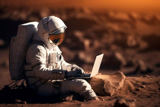 A man in a spacesuit is sitting on the ground and using a laptop.ai generative.