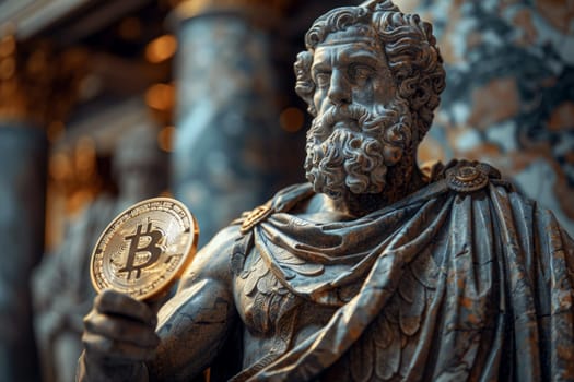 A statue of a man holding a gold bitcoin . ai generative.