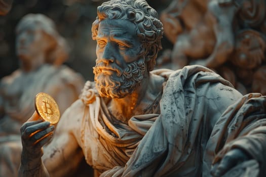 A statue of a man holding a gold bitcoin . ai generative.