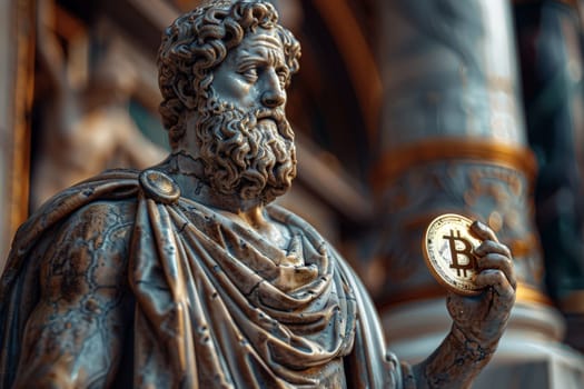 A statue of a man holding a gold bitcoin . ai generative.