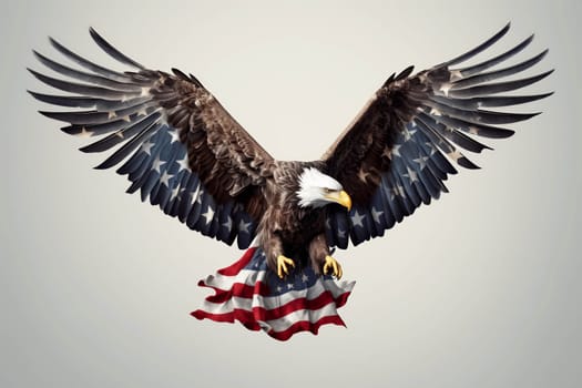 A large eagle with a red, white, and blue American flag in its talons. The eagle is soaring through the sky, representing freedom and strength