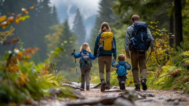 Family travel on vacation, Family with small children hiking outdoors in summer nature.