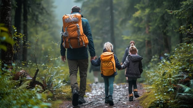 Family travel on vacation, Family with small children hiking outdoors in summer nature.