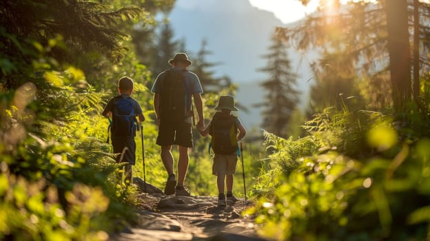 Family travel on vacation, Family with small children hiking outdoors in summer nature.