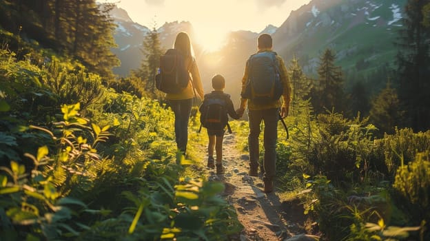 Family travel on vacation, Family with small children hiking outdoors in summer nature.