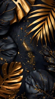 Fashion accessory with a black background and gold leaves pattern, inspired by still life photography. The mixture of metal, bronze, and wood creates a unique art piece with electric blue accents