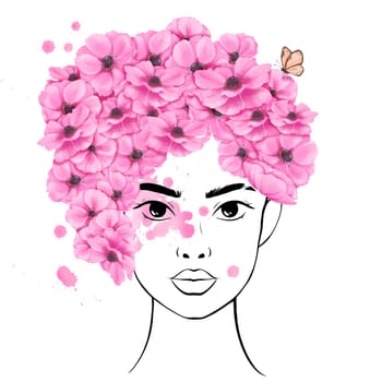 watercolor illustration. a linear portrait of a stunning young woman. Her hair with pink anemone flowers and butterfly. vibrant splashes of watercolor, symbol brightness and inspiration. avatar.