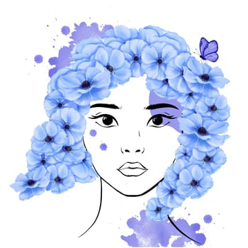 line drawing portraying the grace of a youthful Asian lady. Adorned with charming blue anemone blossoms and a delicate butterfly, symbolizing her sense of liberation and adventurous spirit.