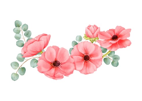 A watercolor composition pink anemone flowers, fresh greenery, and eucalyptus leaves. for wedding stationery, event invitations, botanical-themed designs, digital backgrounds, art prints and interior.
