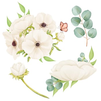 Watercolor set a bouquet of ivory anemones, a sprig of eucalyptus, boutonniere, and butterfly. Ideal for use in stationery, wedding invitations, greeting cards, digital backgrounds, and floral-themed designs.