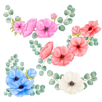 Watercolor collection of floral arrangements featuring anemones in various colors and eucalyptus sprigs. Ideal for wedding invitations, greeting cards, botanical illustrations, and floral-themed designs