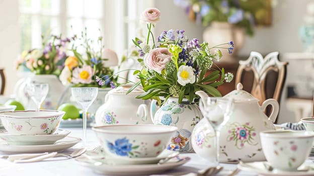 Easter table setting with painted eggs, spring flowers and crockery. Rustic style, selective focus