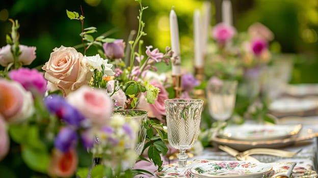 Table setting with rose flowers and candles for an event party or wedding reception in the summer garden.