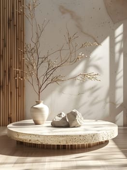 A circular table adorned with a vase of flowers and rocks, showcasing a beautiful blend of porcelain and pottery on wooden serveware