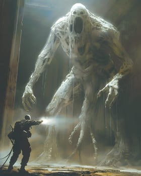 A man faces off against a colossal, fictional monster in a dark, dramatic scene. The CGI artwork captures the epic moment in this actionpacked event