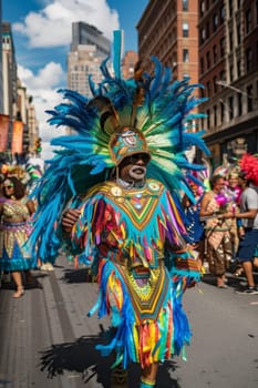 Commanding presence of a man in a majestic feathered costume leading a dynamic street parade under a clear sky