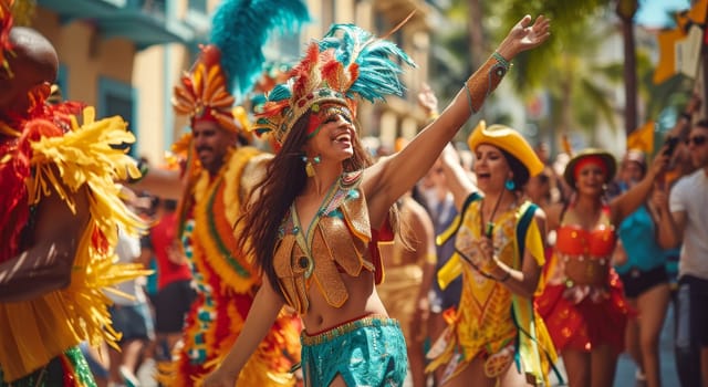 Joyful woman with painted face and ornate headpiece celebrates with a bright smile at a vibrant street carnival