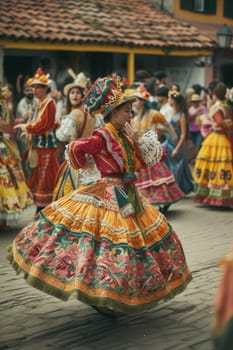 Woman in intricate, colorful traditional dress performs a dance on a cobblestone street, surrounded by other dancers in motion