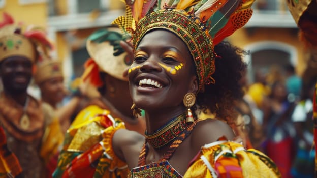 Joyful woman with painted face and ornate headpiece celebrates with a bright smile at a vibrant street carnival