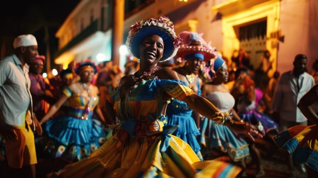 Woman in a traditional festive costume and hat dances joyfully at night during a carnival, surrounded by revelers