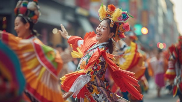 Woman in elaborate traditional attire with colorful ribbons joyfully dances on a bustling city street, celebrating heritage