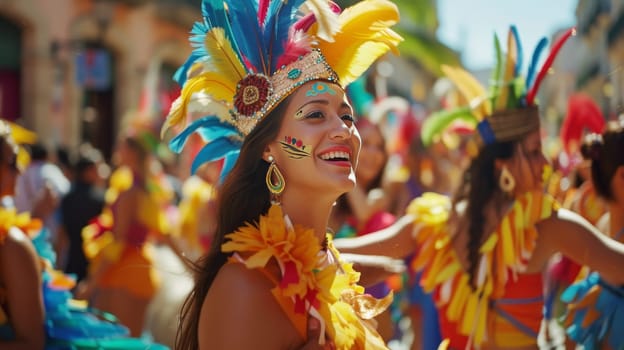 Exuberant female dancer with an infectious smile radiates joy at a colorful street carnival, adorned in a festive costume