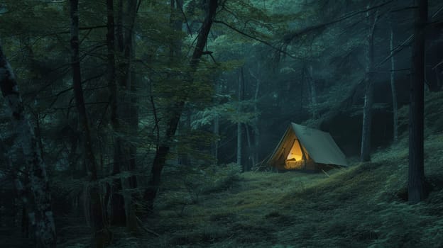 Illuminated tent under a starry sky amidst towering forest trees, capturing the tranquil essence of wilderness camping