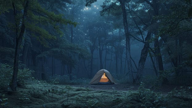 Illuminated tent under a starry sky amidst towering forest trees, capturing the tranquil essence of wilderness camping