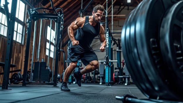 Muscular athlete in motion, sprinting with power and focus during an intense workout in a well-equipped gym