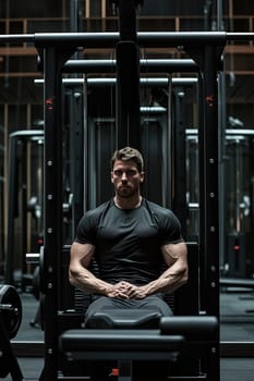 Muscular man sitting at a gym machine, exuding strength and determination in a modern fitness environment