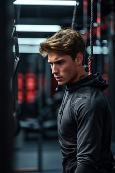 Young male athlete pausing thoughtfully amidst gym equipment, ambient lighting accentuating his focused expression