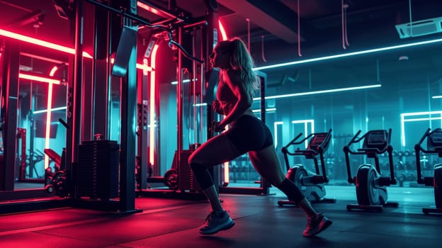 Fit woman executing lunges with perfect form in an atmospheric gym with neon lighting, symbolizing dedication and a healthy lifestyle