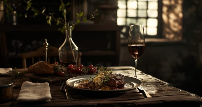 Intimate dinner ambiance with a succulent roast paired with red wine, evoking a sense of warmth and culinary delight in a softly lit setting
