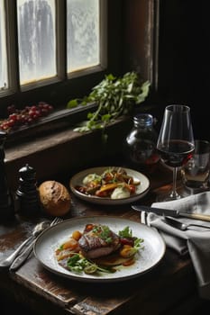 Exquisite gourmet plate garnished with frothy texture and vibrant green accents, accompanied by a glass of amber wine, all set against a dark, rustic backdrop with soft beams of light cutting of smoke