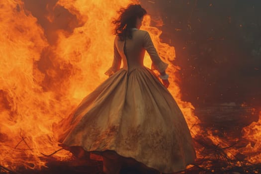the burning woman in long fluffy dress. Generated AI.